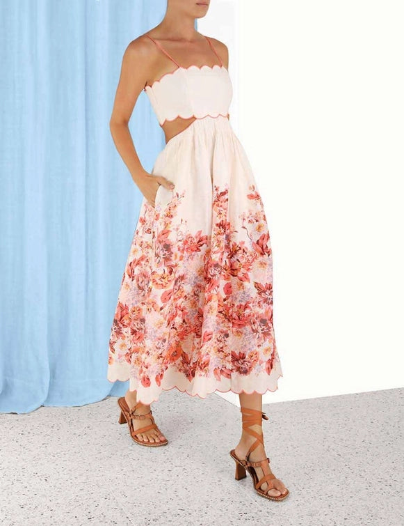 Devi Scallop Midi Dress | Cream Floral