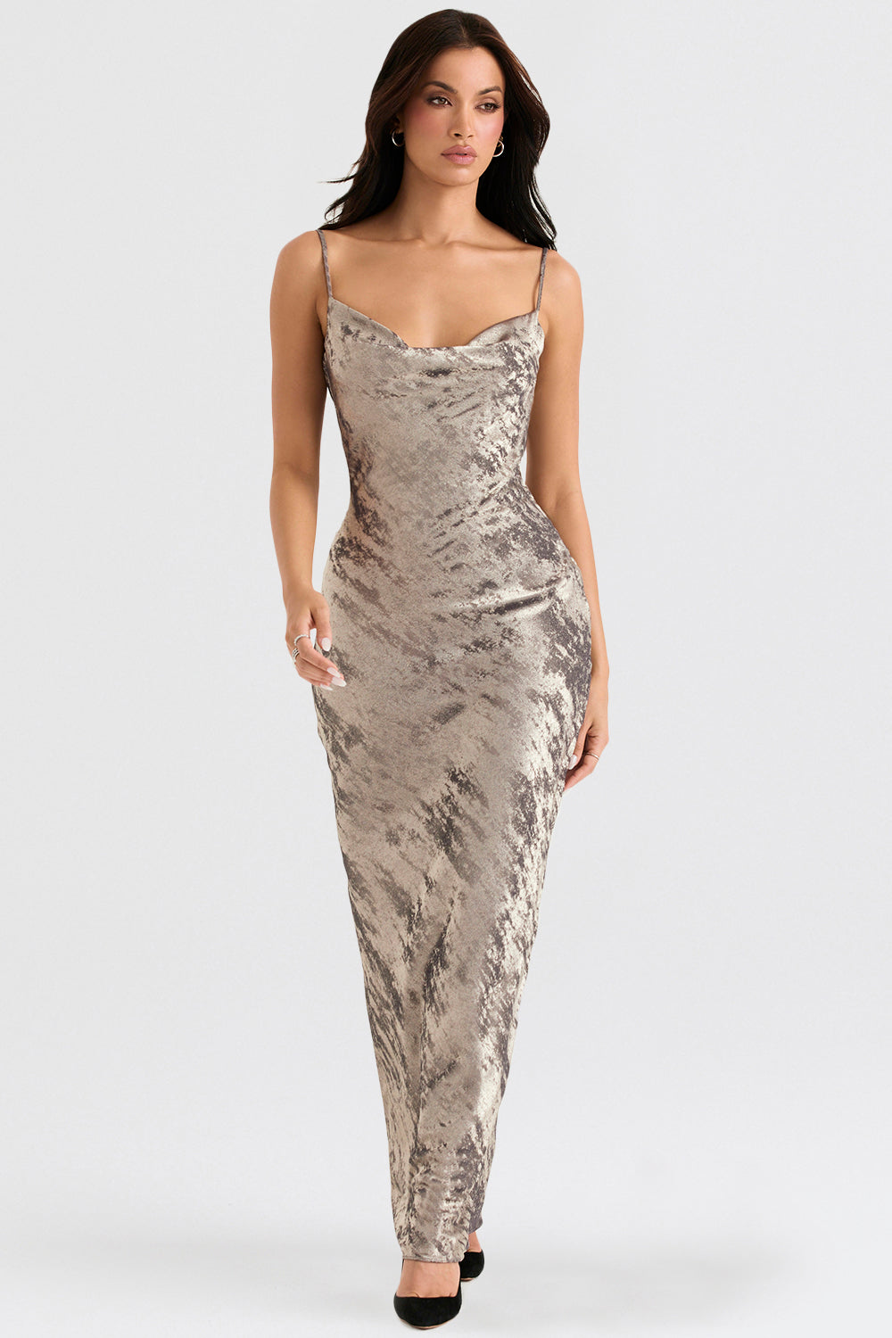 Gabrielle Pewter Satin Maxi Dress| Pewter