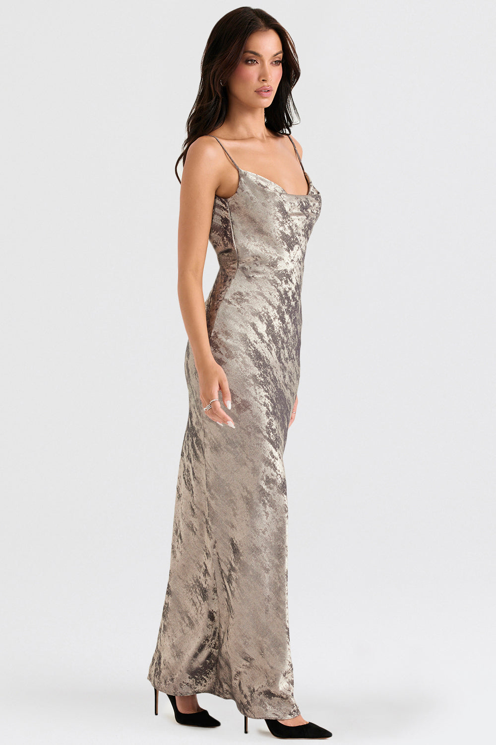 Gabrielle Pewter Satin Maxi Dress| Pewter
