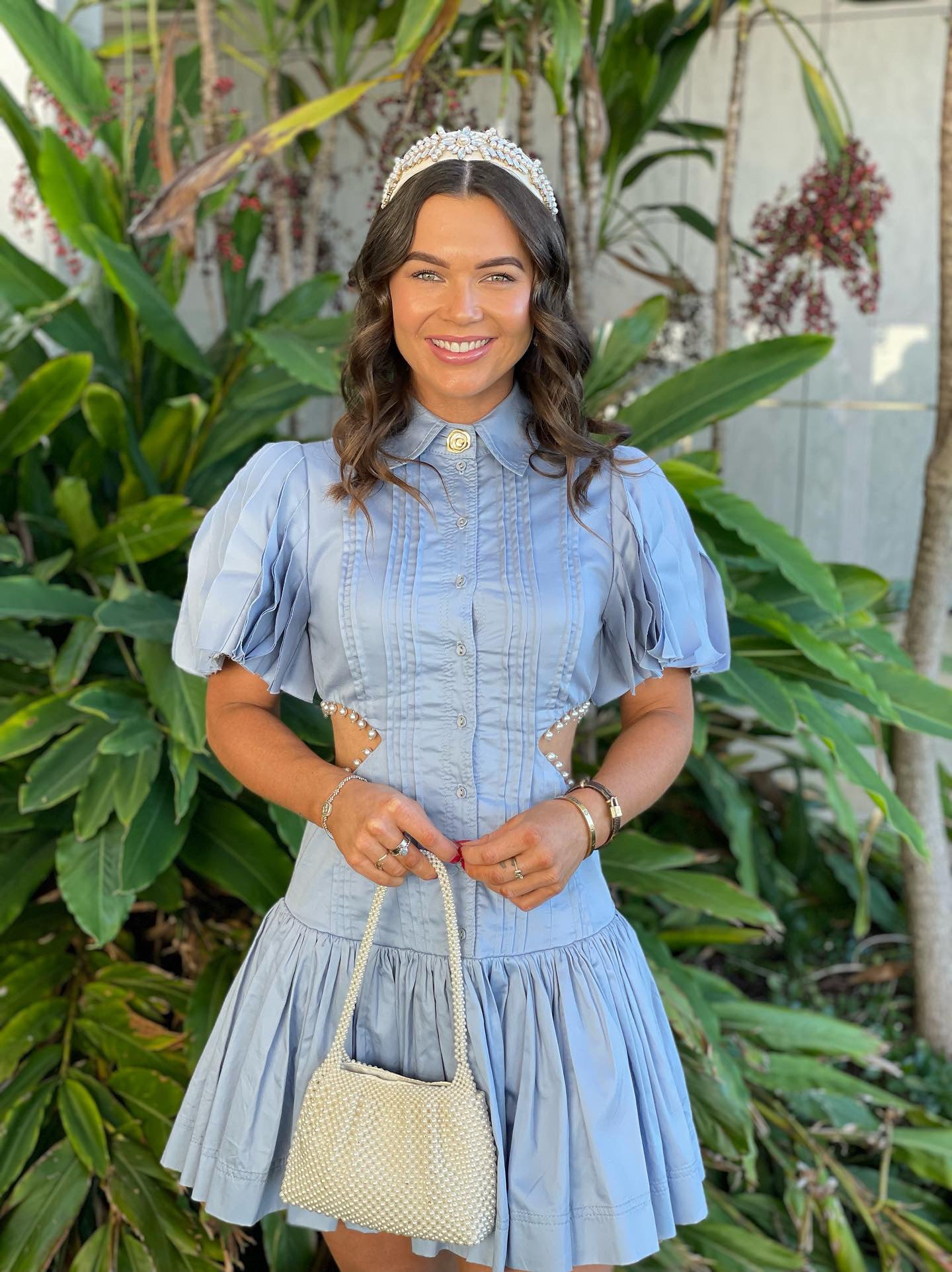 Mythos Pearl Waist Mini Dress | Steel Blue