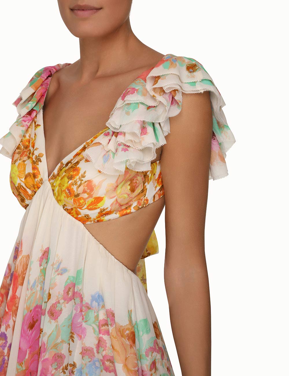 Raie Frill Shoulder Midi Dress | Multi Floral