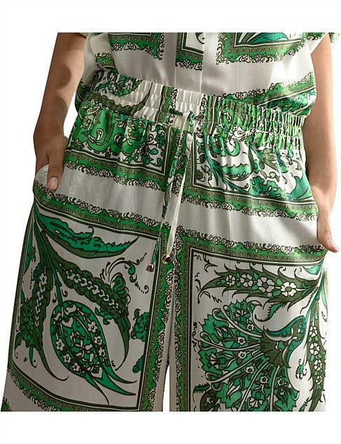 Lucille Set - Lounge Pant & Silk Shirt | Green Print
