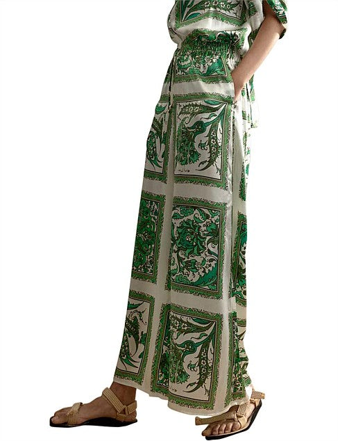 Lucille Set - Lounge Pant & Silk Shirt | Green Print