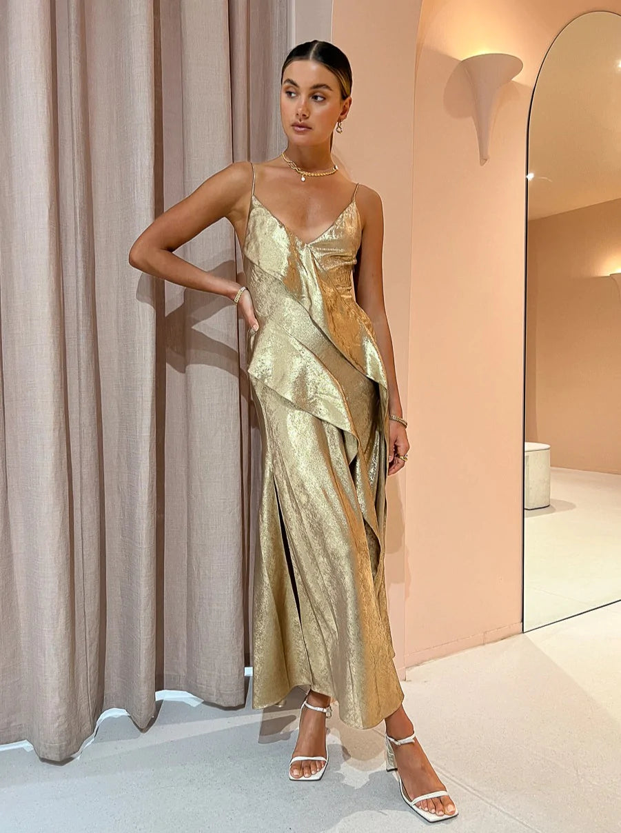 gold dress australia LOLITA Couture Glitter Printed Prom Dress with Overskirt