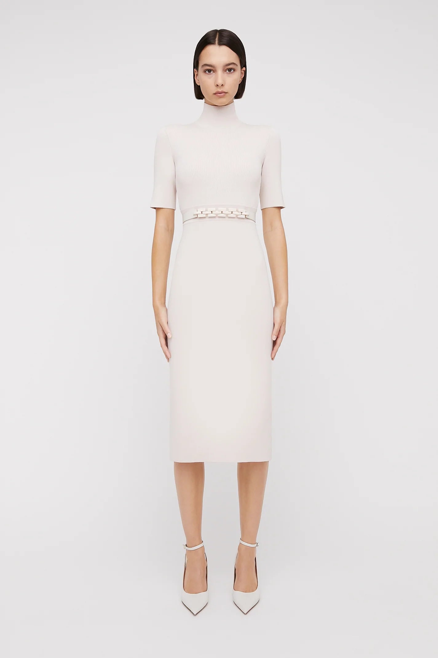 Crepe Knit S/Slv Polo Dress | Ice Pink dresshireaustralia Crepe Knit S/Slv Polo Dress | Ice Pink dresshireaustralia