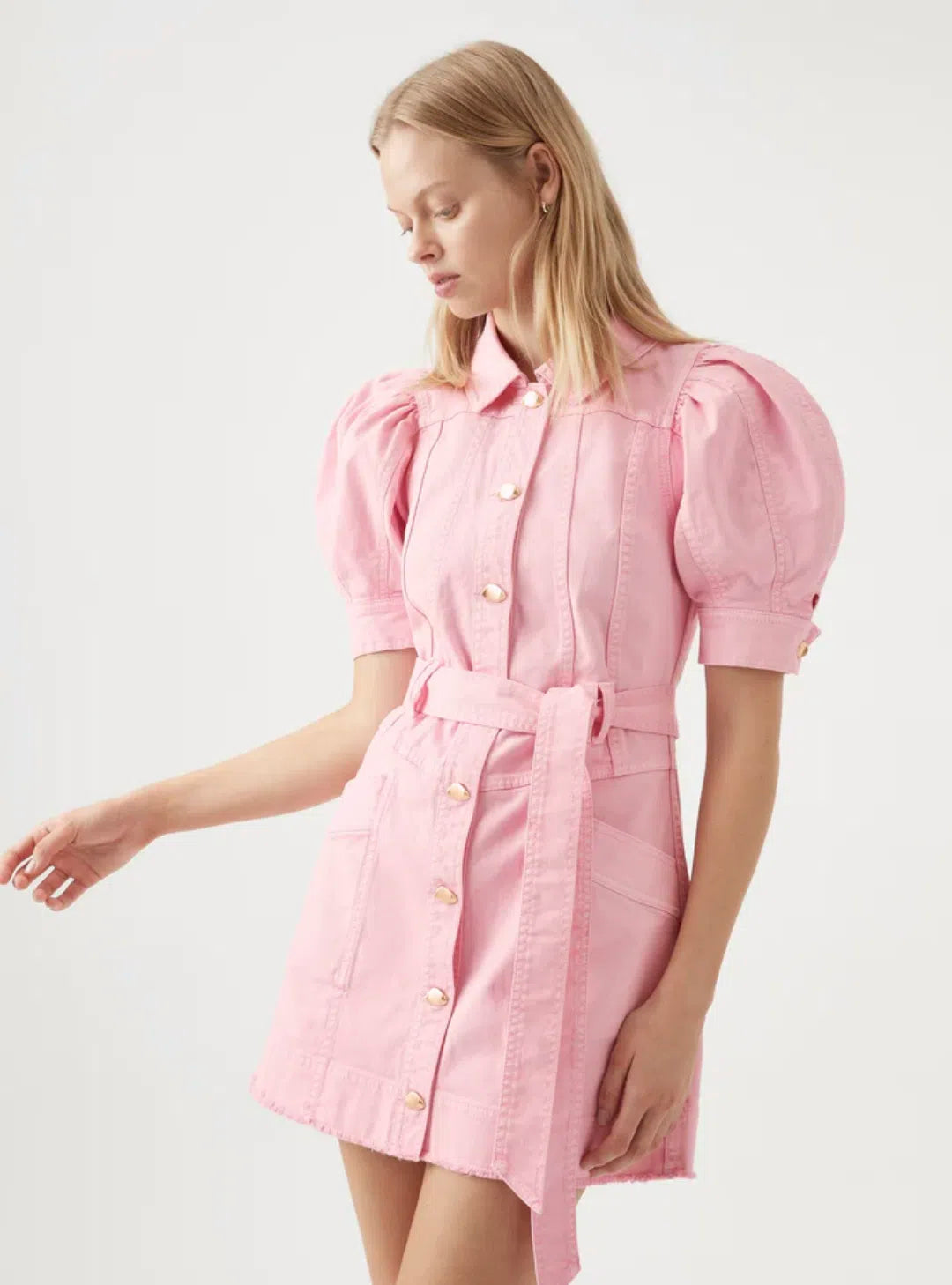Flora Denim Puff Sleeve Mini Dress | Bonbon Pink
