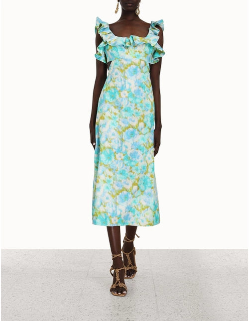 High Tide Frilled Midi | Aqua Ikat  Floral