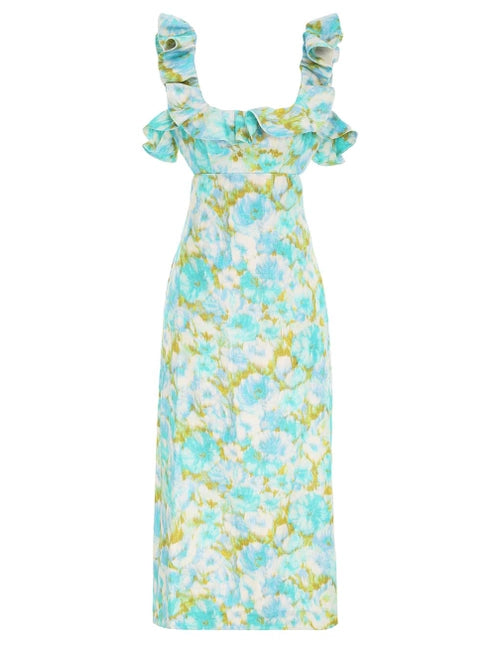 High Tide Frilled Midi | Aqua Ikat  Floral