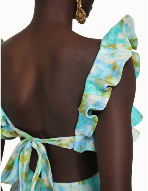 High Tide Frilled Midi | Aqua Ikat  Floral