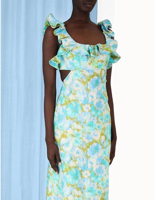 High Tide Frilled Midi | Aqua Ikat  Floral