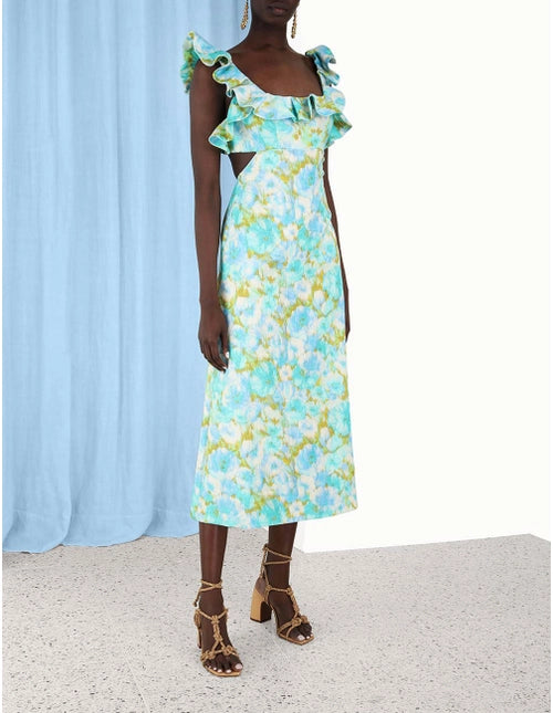 High Tide Frilled Midi | Aqua Ikat  Floral