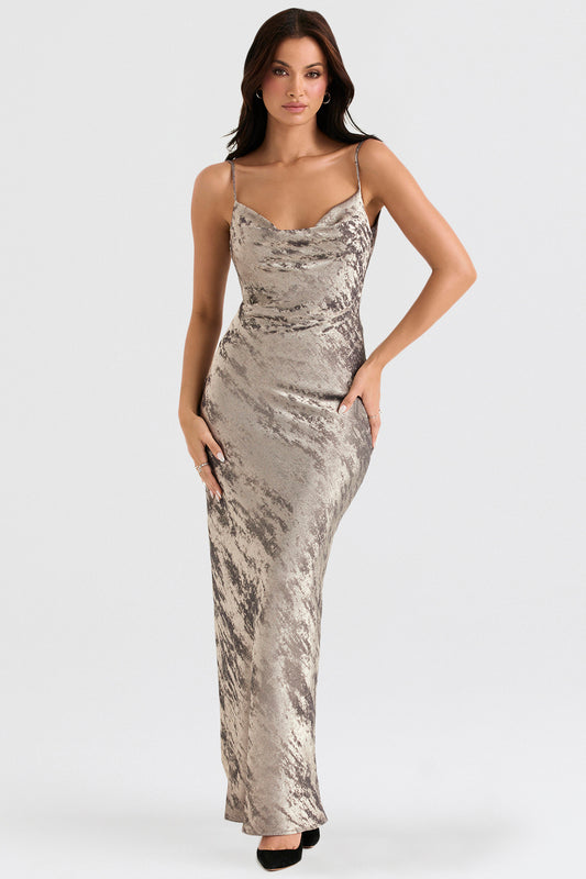 Gabrielle Pewter Satin Maxi Dress| Pewter