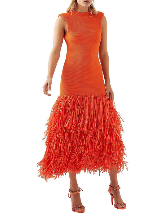 Rushes Raffia Knit Midi Dress | Orange