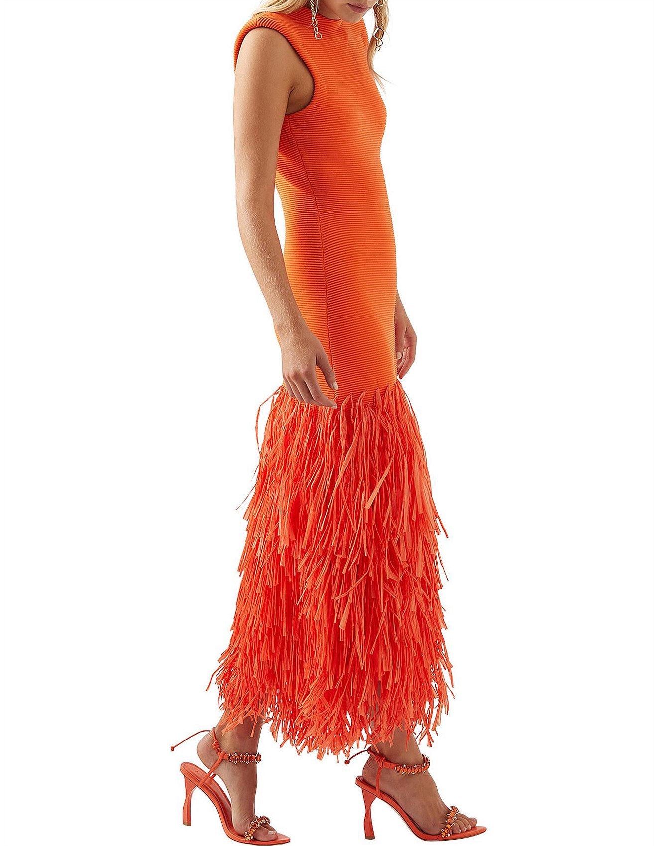Rushes Raffia Knit Midi Dress | Orange