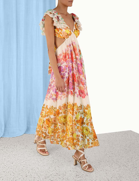 Raie Frill Shoulder Midi Dress | Multi Floral