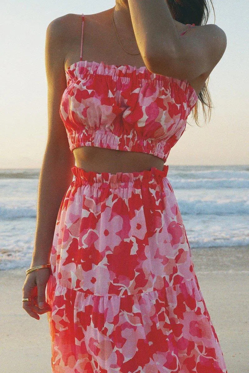 Layla Crop and Flora Skirt Set | Red Print