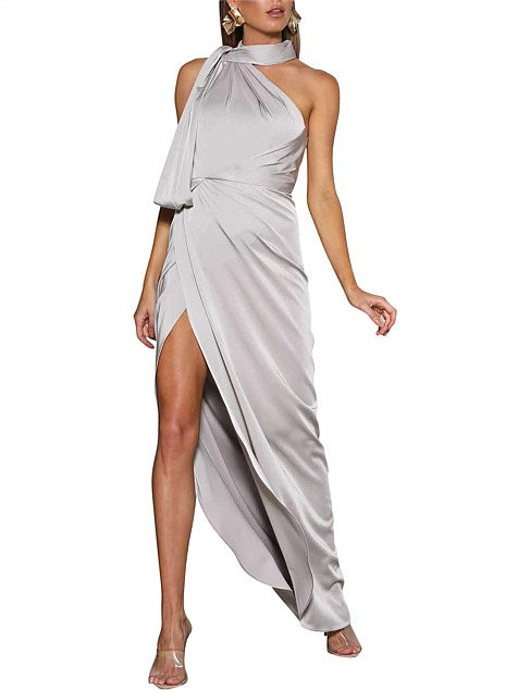 William Satin High Neck Gown | Silver