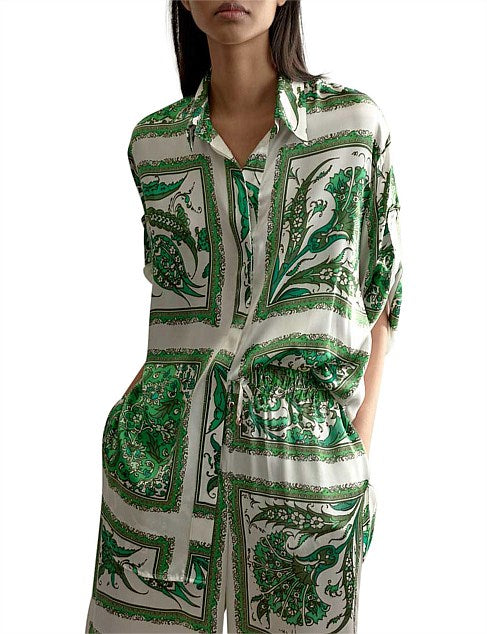 Lucille Set - Lounge Pant & Silk Shirt | Green Print