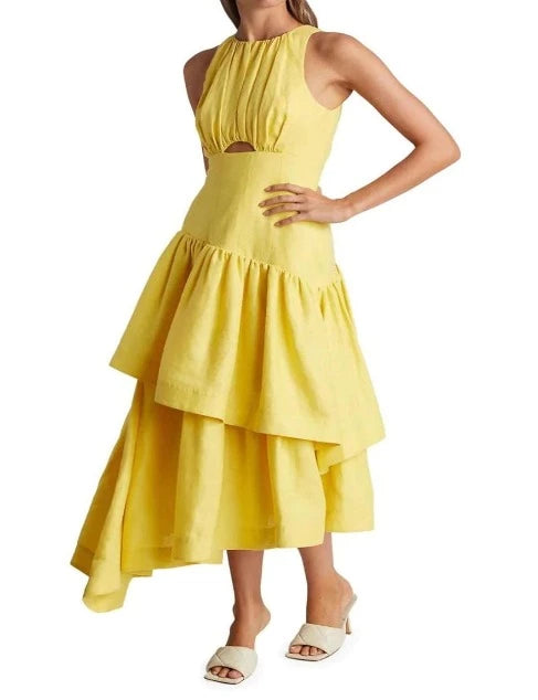 Caliente Tiered Cut Out Dress | Daisy Yellow