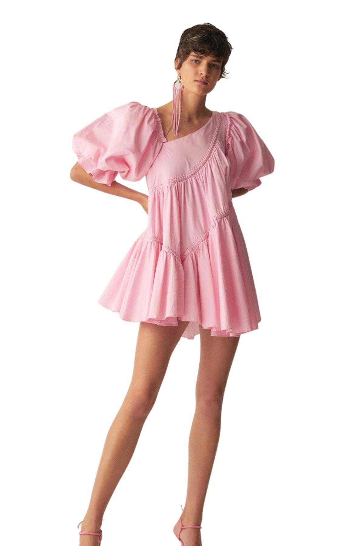Casabianca Braided Puff Sleeve Mini Dress | Bon Bon Pink