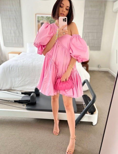 Casabianca Braided Puff Sleeve Mini Dress | Bon Bon Pink