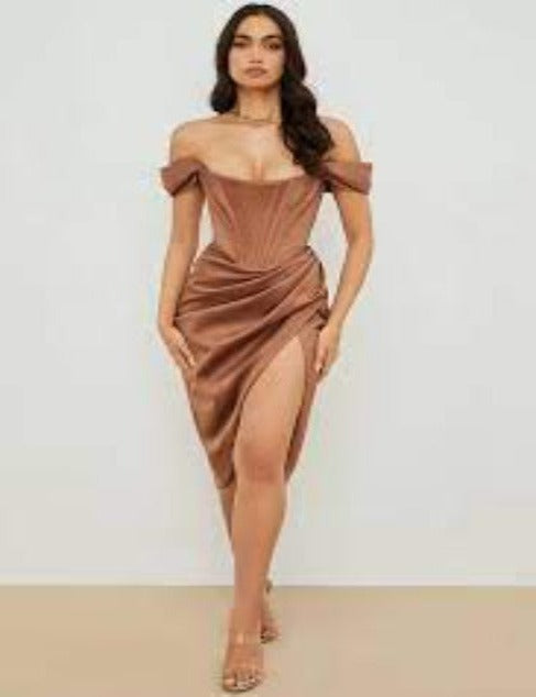 Loretta Brown Satin Off Shoulder Dress | Brown