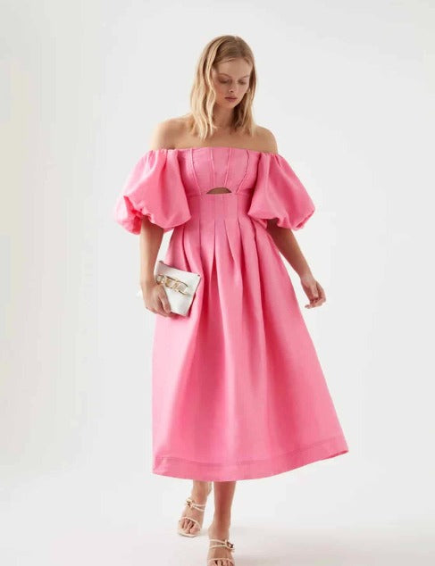 Eugenie Off Shoulder Midi Dress | French Rose Pink